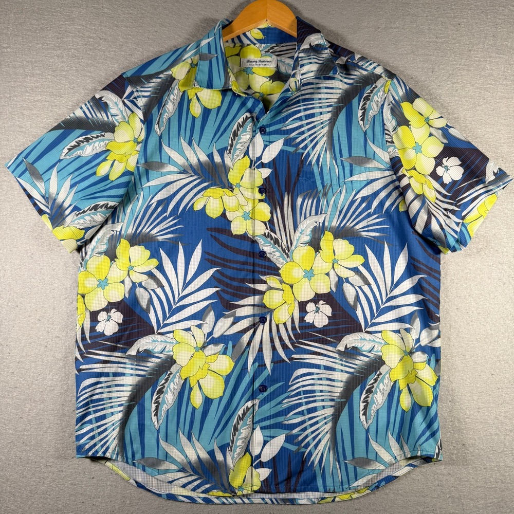 Tommy Bahama Mens Large Blue Yellow Tropical Floral Bahama Coast Shirt Large